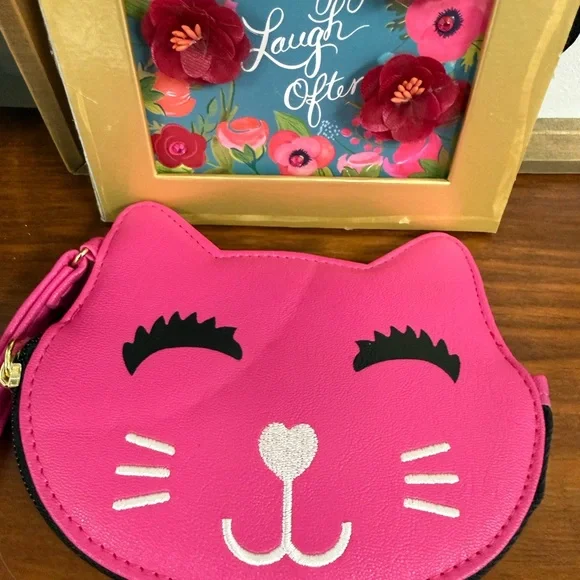 LUV Betsy Johnson Pink 🩷 Kitty Cat Face Wallet Wristlet Credit Card Coin Purse - Picture 9 of 12